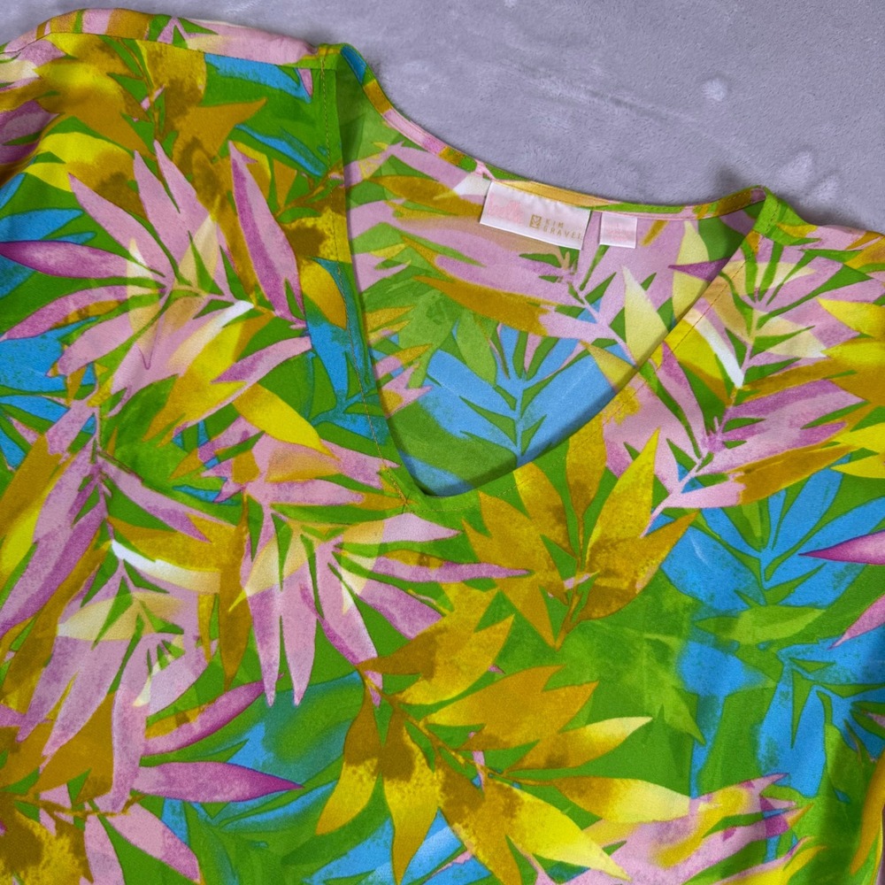 Belle Kim Gravel V Neck Flutter Sleeves Womens Size L Tropical Palm Print